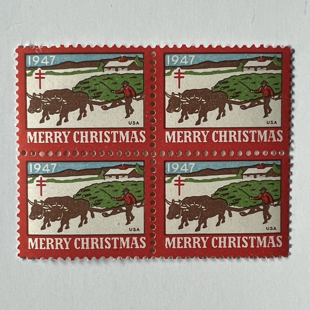 ERROR 1947 CHRISTMAS SEAL BLOCK WITH CIRCULAR MARK ABOVE FRAME MNH
