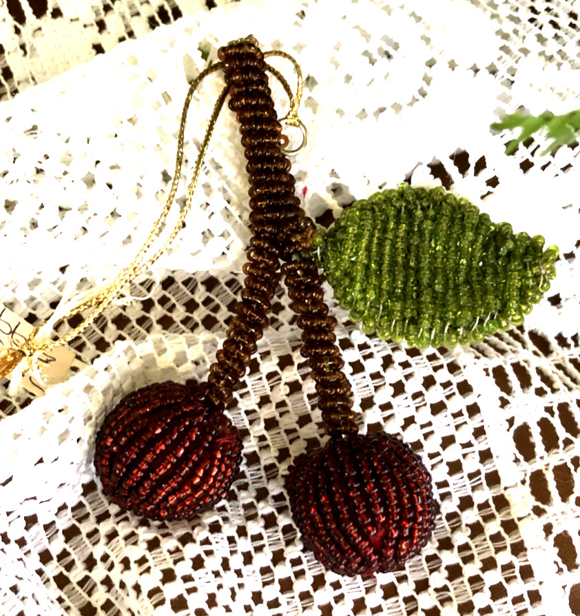 4" HANDCRAFTED BEADED FRUIT ORNAMENT - CHERRIES
