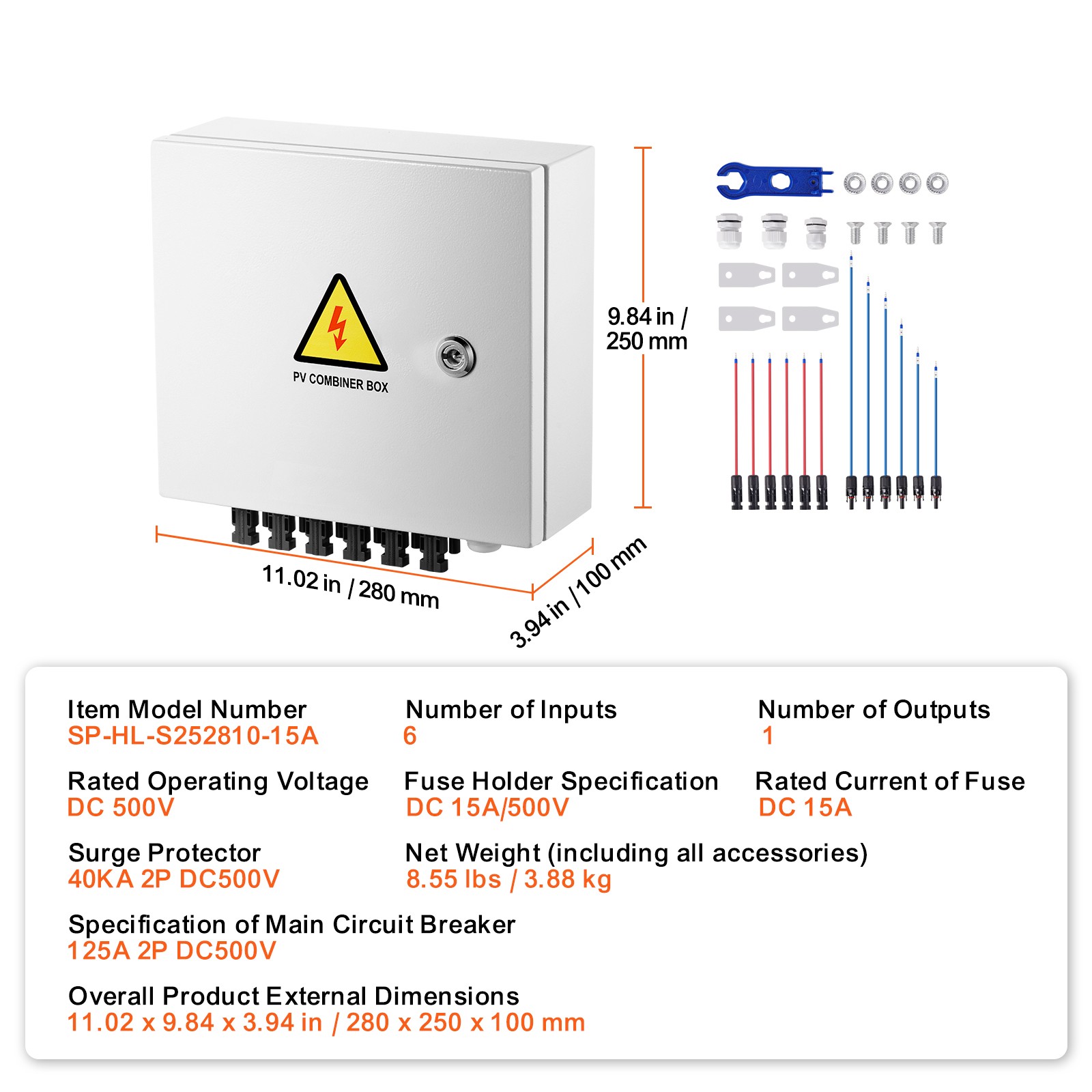 Solar PV Combiner Box 6 String 15A for Solar Panel System Steel Case IP65