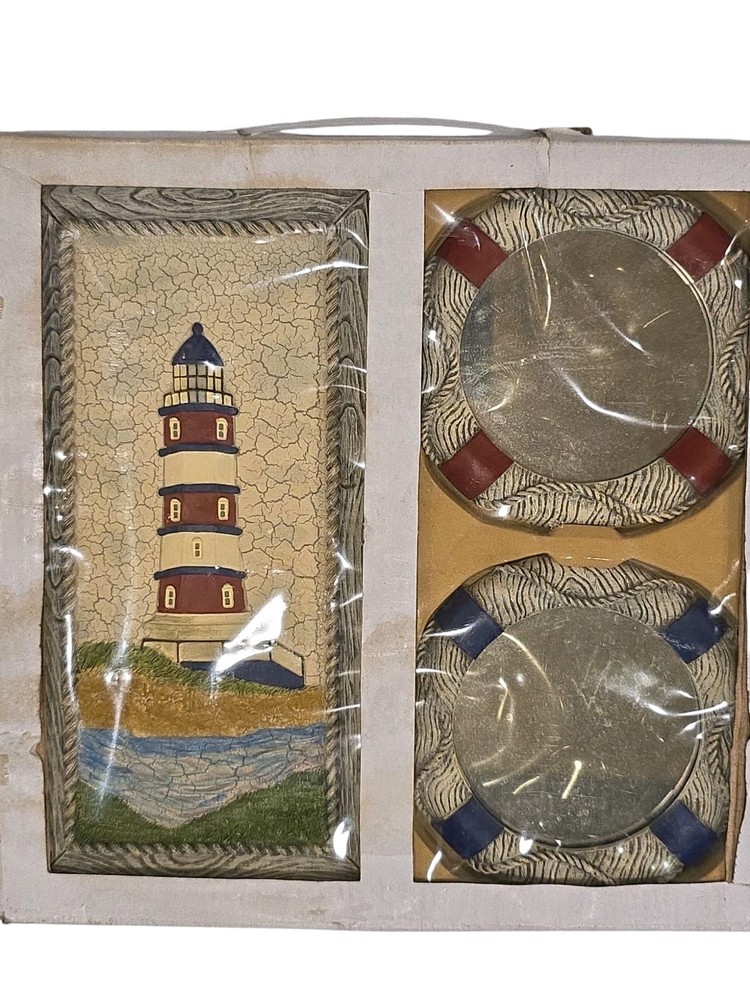 3 Pc Set Red And White Lighthouse With Mirror Wall Decor