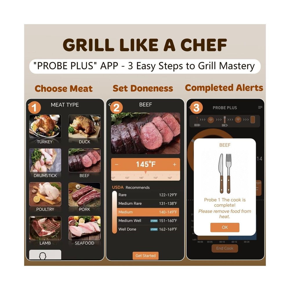 Accurate Smart Wireless Meat Thermometer - 4 Probes, Long Range Bluetooth, Re...