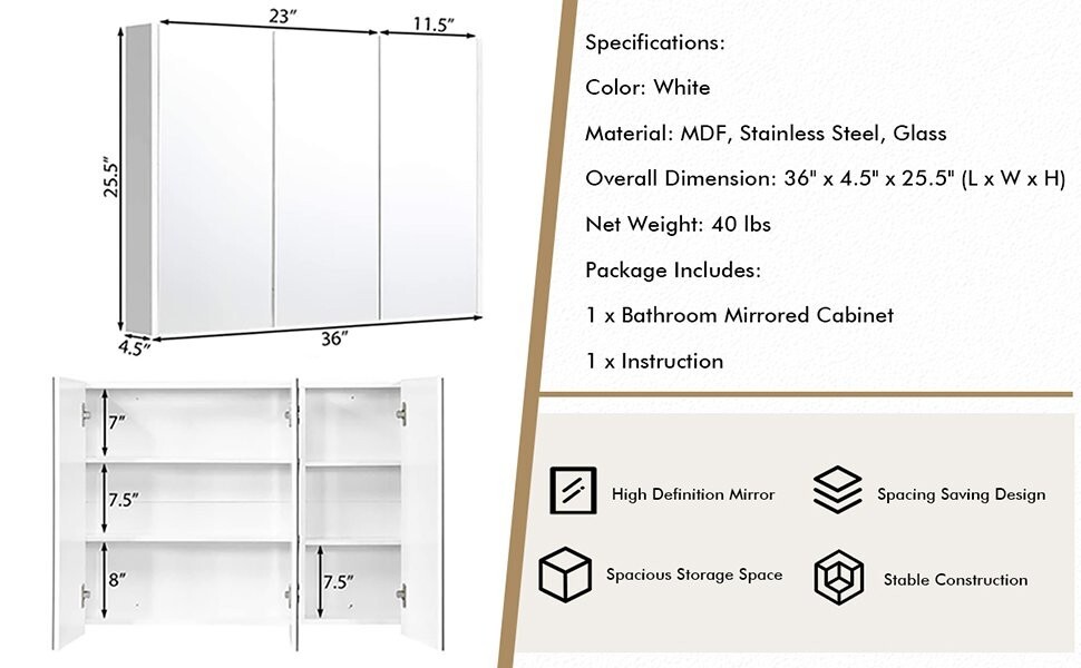 3-Doors Bathroom Medicine Cabinet Frameless Wall Mounted Mirror Adjustable Shelf