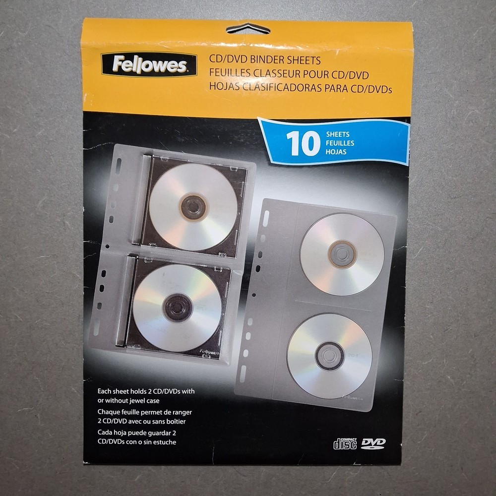 Fellowes CD DVD Protective 3 Ring Binder Sleeves Holds 20 Discs / 10 Sheets