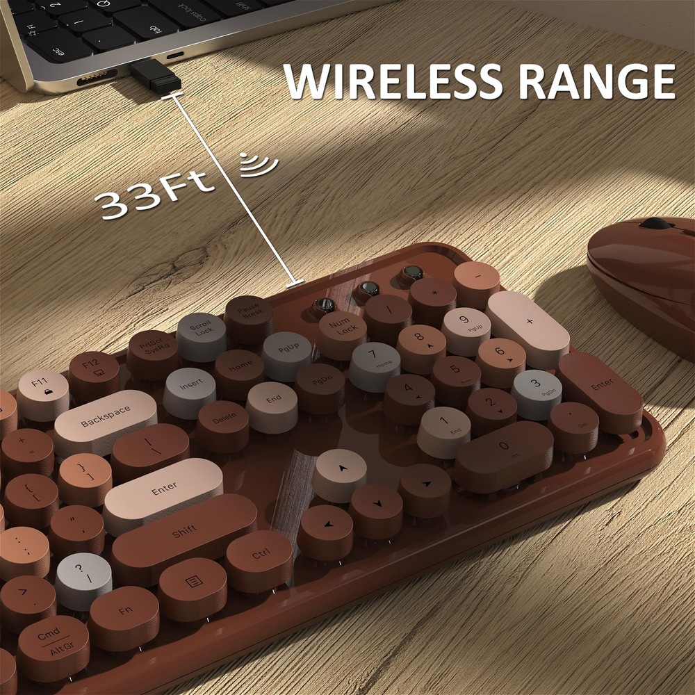 Wireless Keyboard Mouse Combo FullSize Retro Typewriter Round Keycaps Coffee