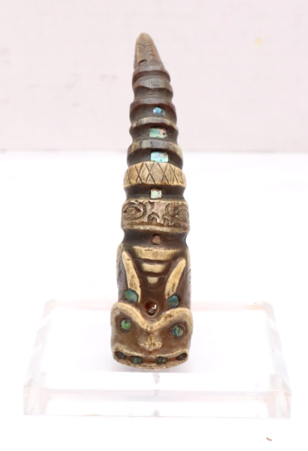 OLD HAIDA-TLINGIT ANTIQUE CEREMONIAL LADLE Horn Spoon Handle Carved Totem Inlaid