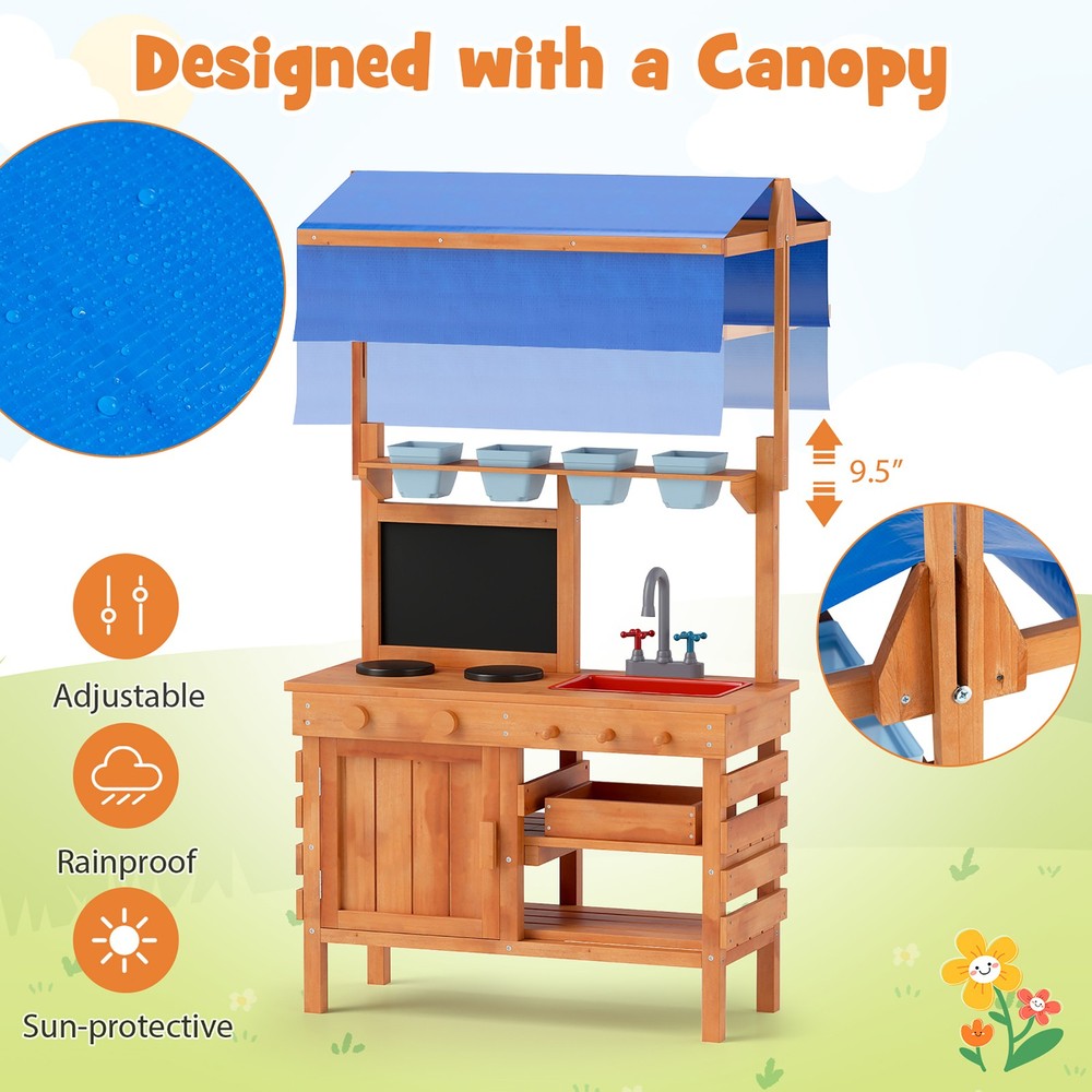Mud Kitchen Wooden Pretend Play Kitchen w/ Height Adjustable Canopy