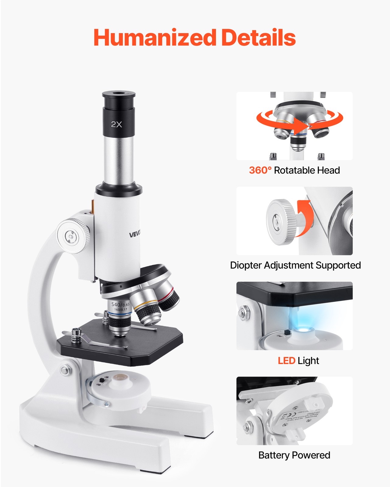 VEVOR Professional Monocular Compound Microscope Kit 40-2000X Magnification