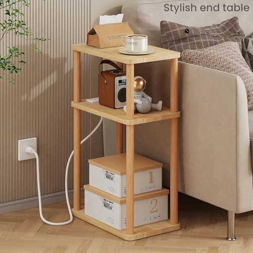 Solid Wood Side Table with Charging Station, 3-Tier Small End Table Natural