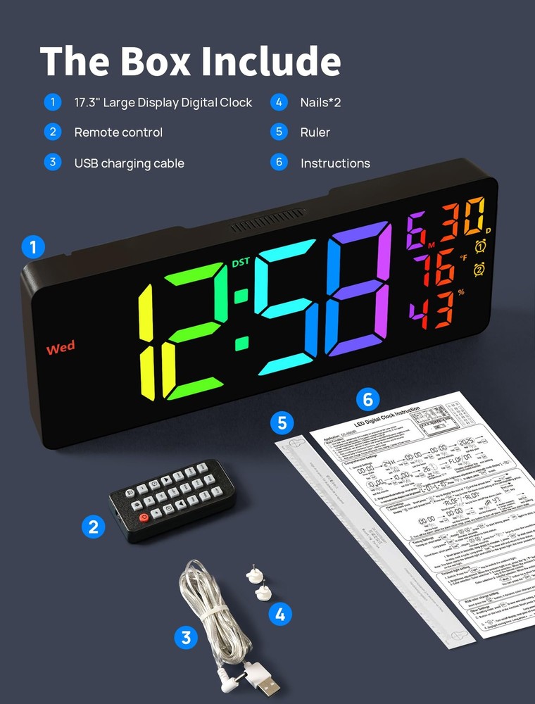 17.3" Large Digital Wall Mount Clock, Digital Clock with Remote Control, Alar...