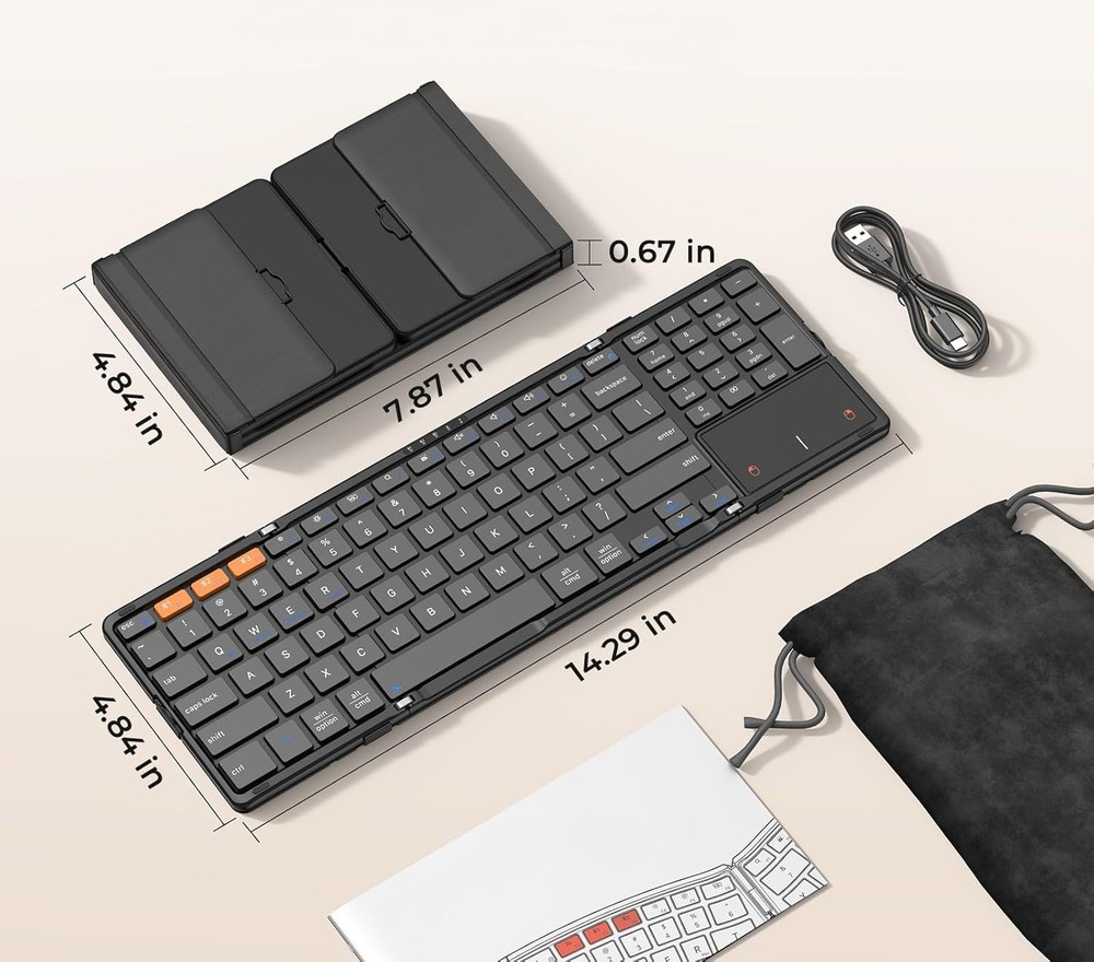 Foldable Bluetooth Wireless Keyboard - Full-Size Keys - Trackpad - Number Keys