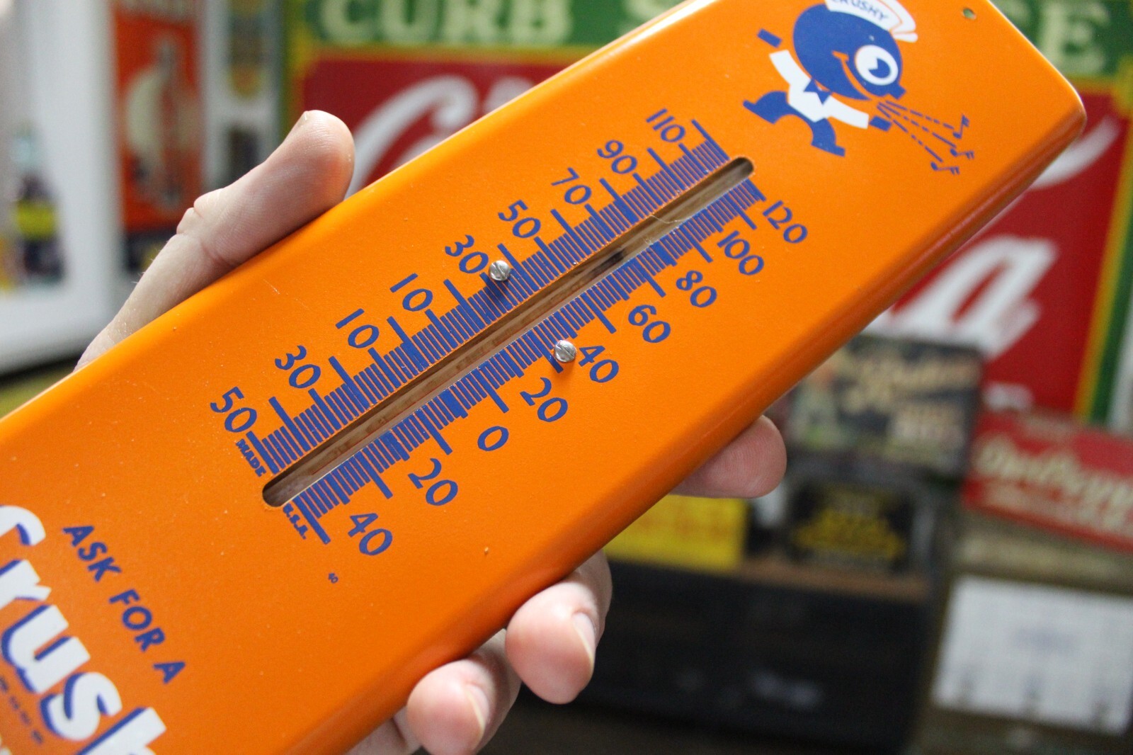 SCARCE 1950s ORANGE CRUSH SODA POP PAINTED METAL THERMOMETER SIGN PEPSI COKE RC