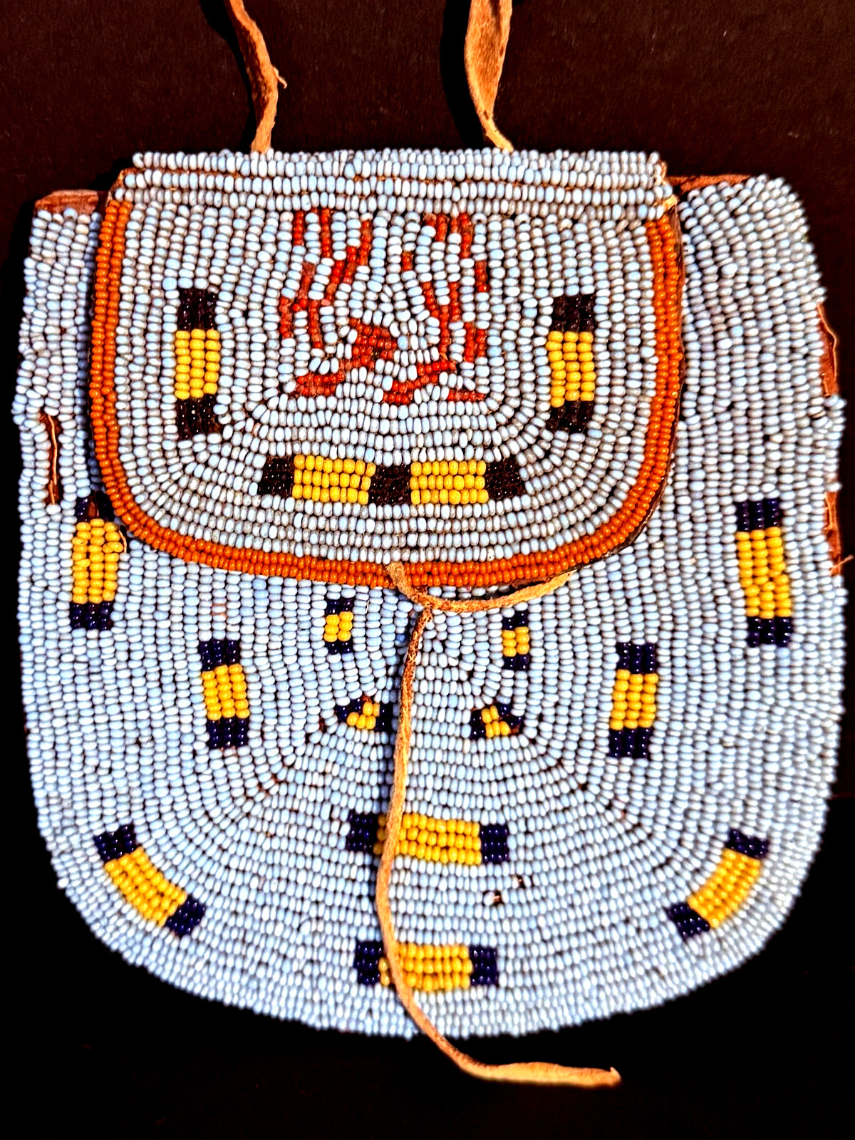 HISTORIC PLAINS BEADED HIDE POUCH,TURQUOISE BLUE GLASS BEAD BACKGROUND,EXCELLENT