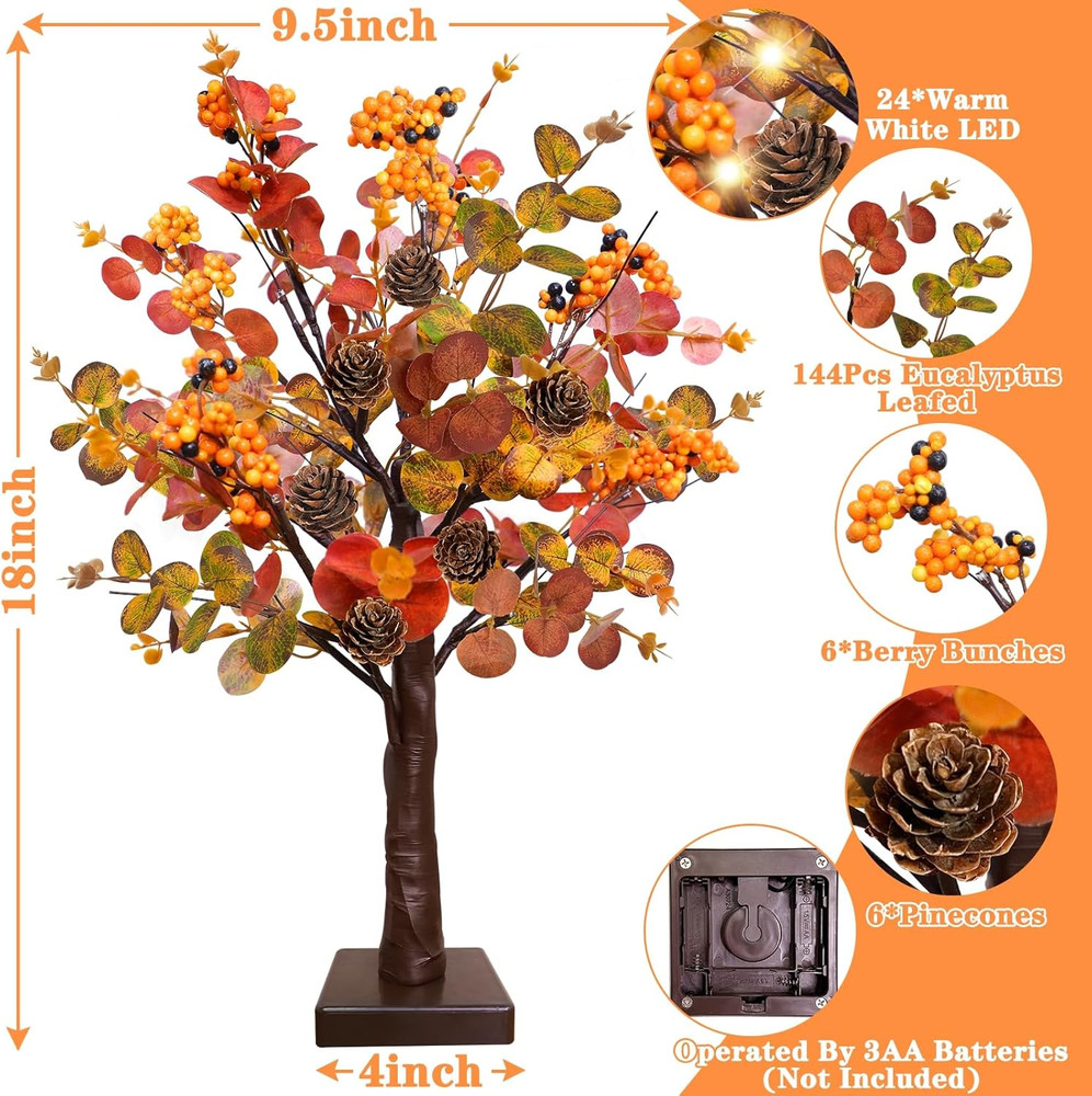 [ Prelit & Timer ] 2 Pack Fall Decor Tabletop Fall Tree with 48 LED Battery