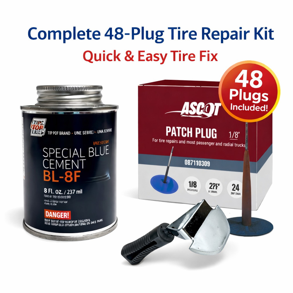Combo Quick Tire Plug Repair Kit – 1/8” Plug‑N‑Patch Box 48 + Cement + Scraper