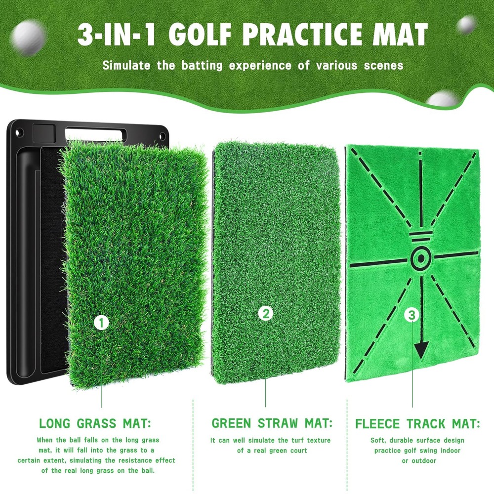Golf Hitting Mat, 3-in-1 Golf Practice Mat, Replaceable Turf Golf Training Ma...