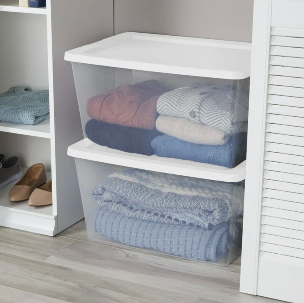 58 Qt Storage Box 8 Pack Clear Plastic Bin, White Snap Lid Stackable