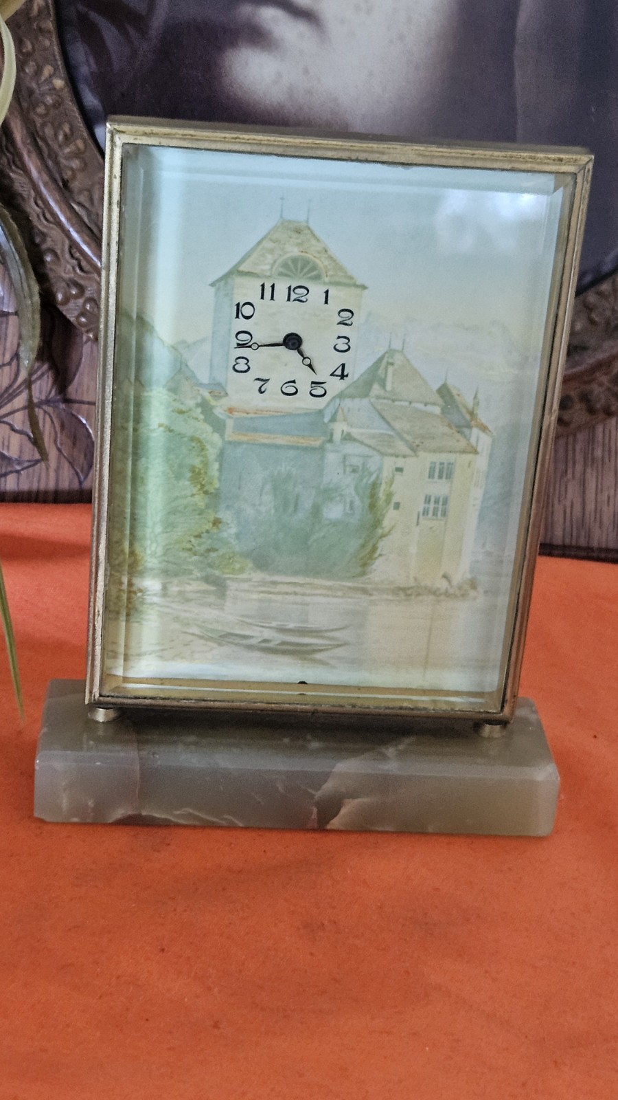 Vintage Art Desk Clock  Swiss Marble Base Working