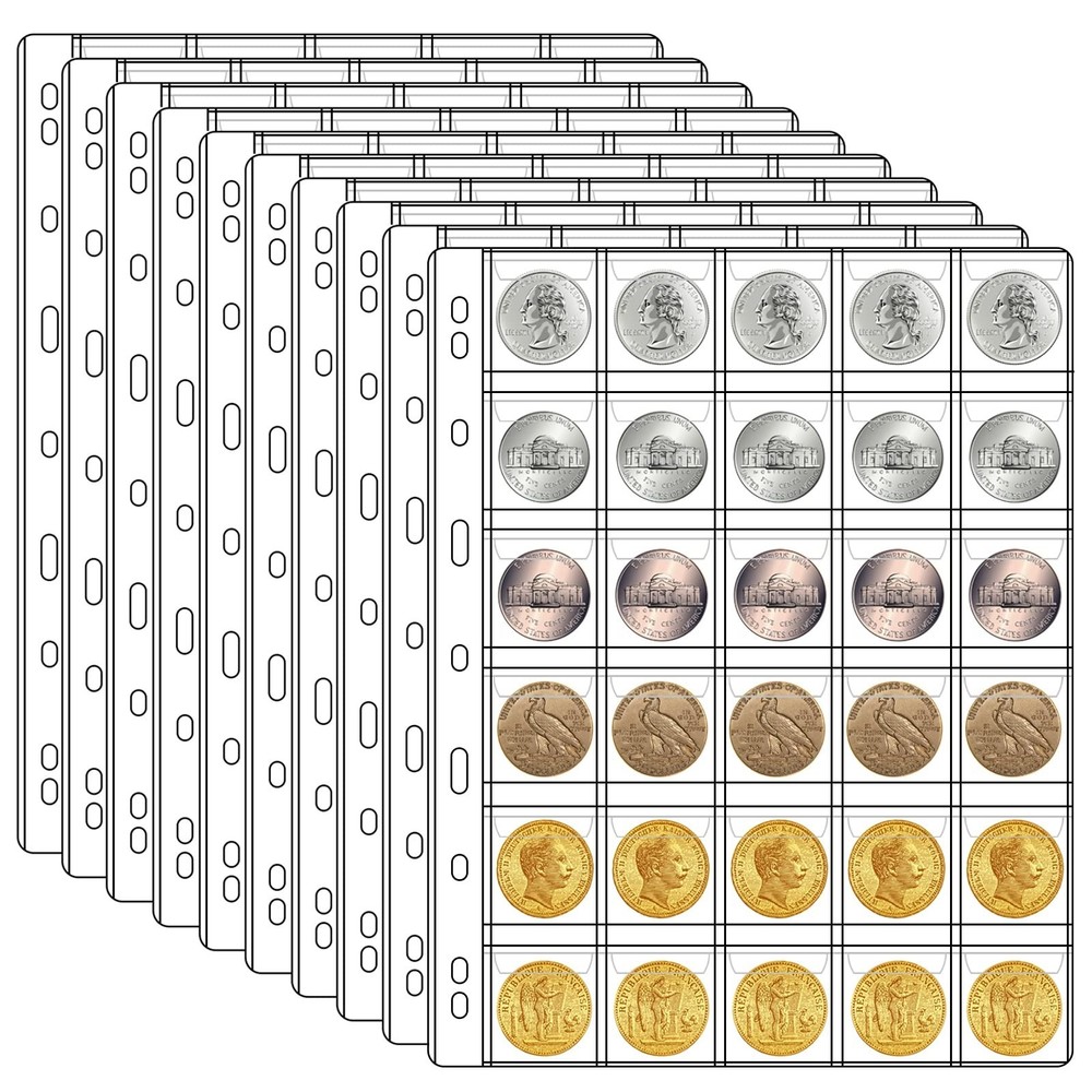 30 Pocket Coin Pages for Collectors, 10 Sheets Coins Sleeves Coin Holders Sta...
