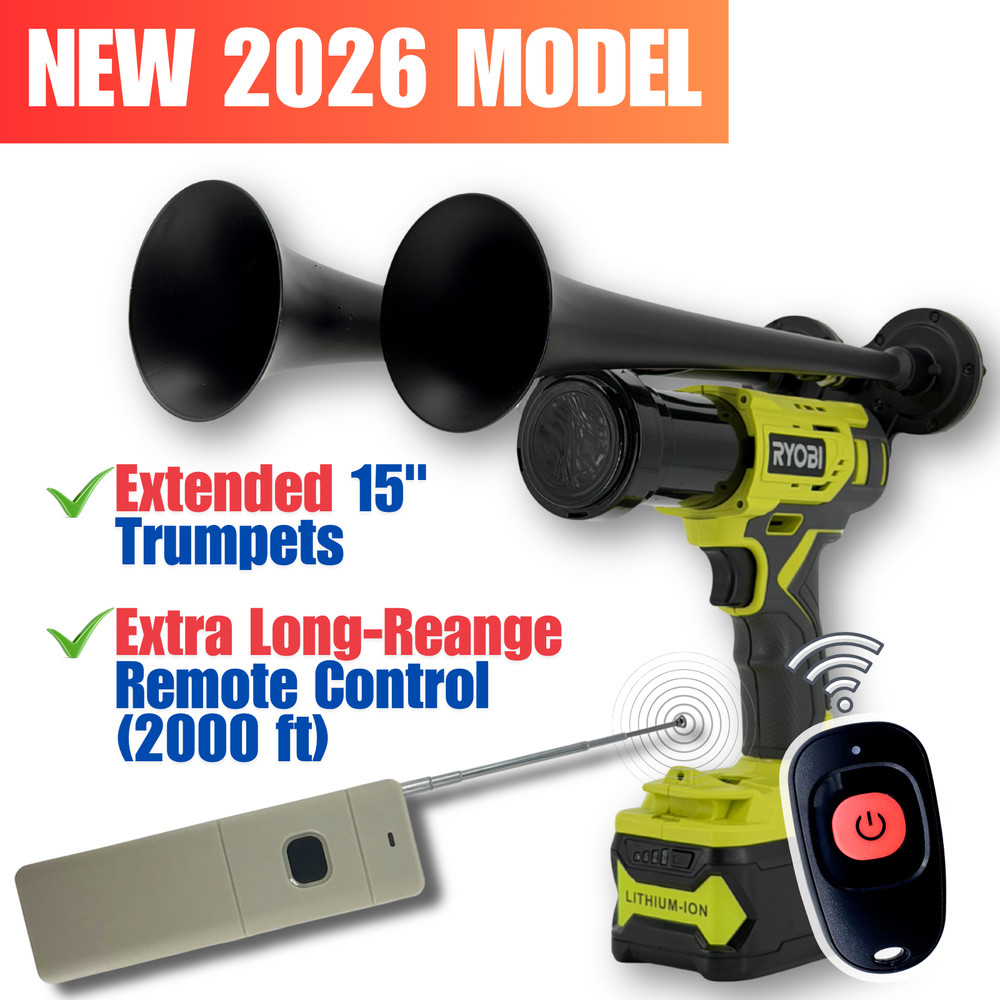 Ryobi 18V Train Horn – 2 Premium Extended Trumpets | Extended Remote (2000ft)