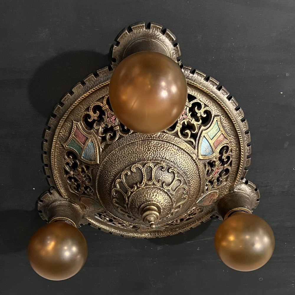 Antique polychrome three bulb flush mount ceiling fixture 33B