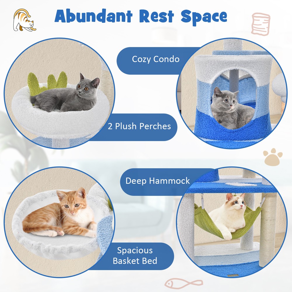 Ocean-themed Cat Tree Multi-level w/Sisal Scratching Posts Dangling Toys Hammock