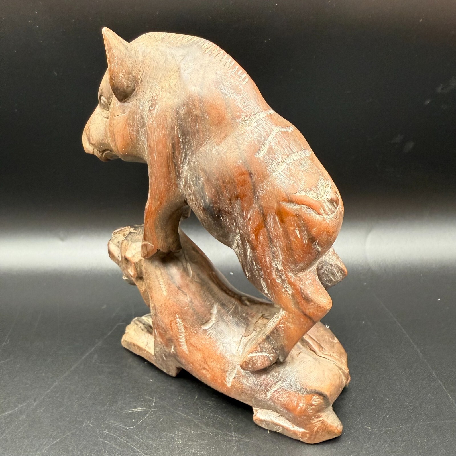 Vintage Hand-Carved Wood Animal Sculpture – Wild Boar Standing Over Lion – Triba