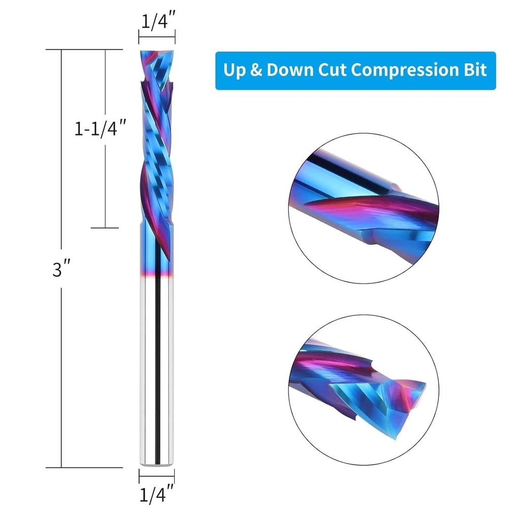 Compression Spiral Router Bits 1/4" Shank,1-1/4" Cutting Length, Extra Long 3...