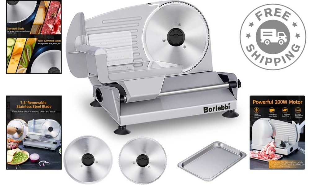 200W Electric Meat Slicer with 2 Removable Blades - Adjustable Thickness & Ch...