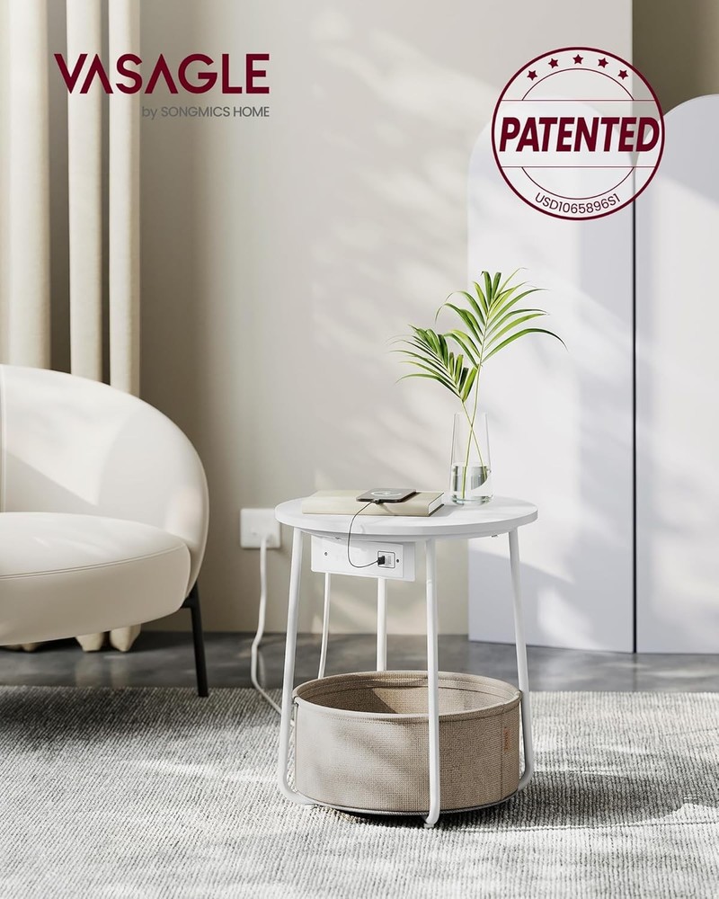Durable Collection Side Table W/ Charging Station Round End Table Fabric Basket