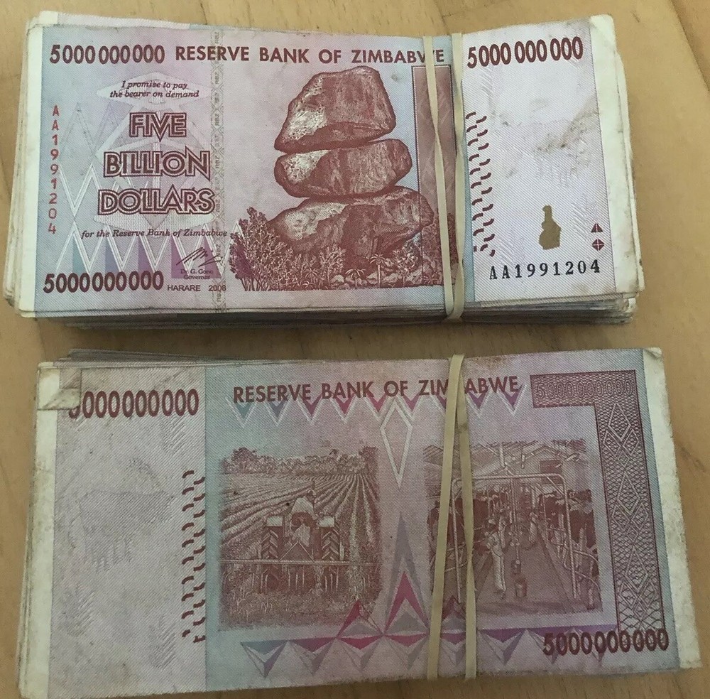ZIMBABWE BUNDLE 100 X 5 BILLION USED BANKNOTE BUNDLE PACK VG/F