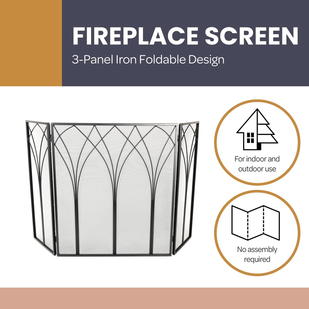Fireplace Screen 3 Panel Fireplace Gate Protective Mesh Fireplace Covers, Black