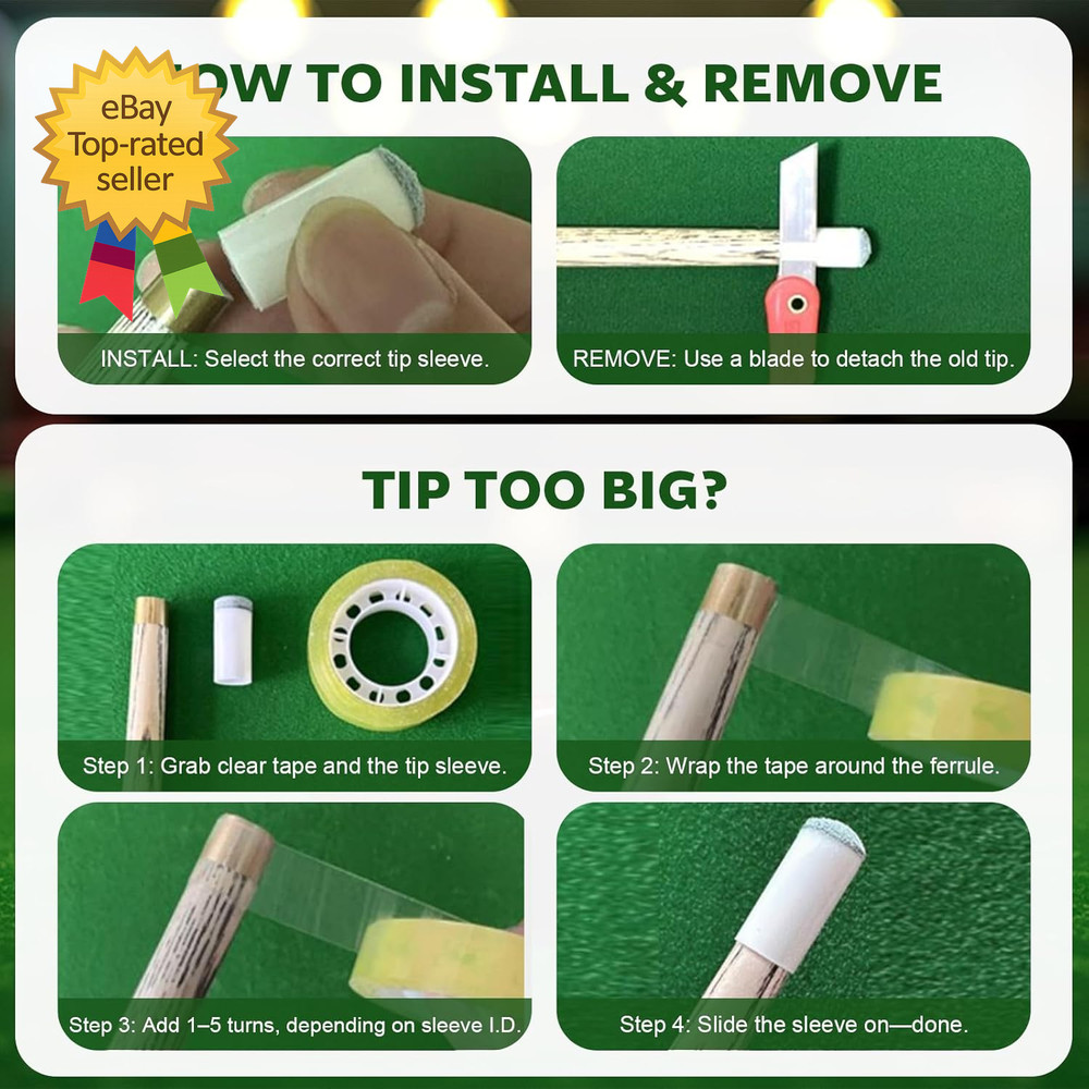 40Pcs Slip on Pool Cue Tips Replacement Kit 4 Sizes Upgrade Pool Stick Tips