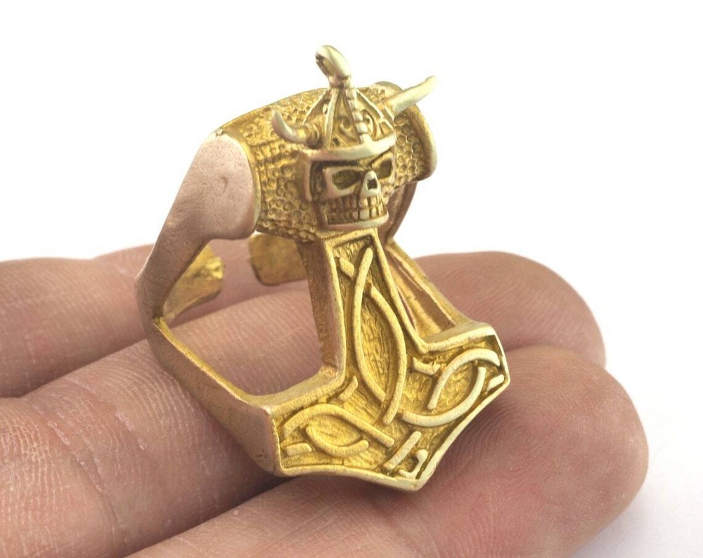 Viking Skull Ring Adjustable Ring Raw Brass (19mm 9US inner size) 2927