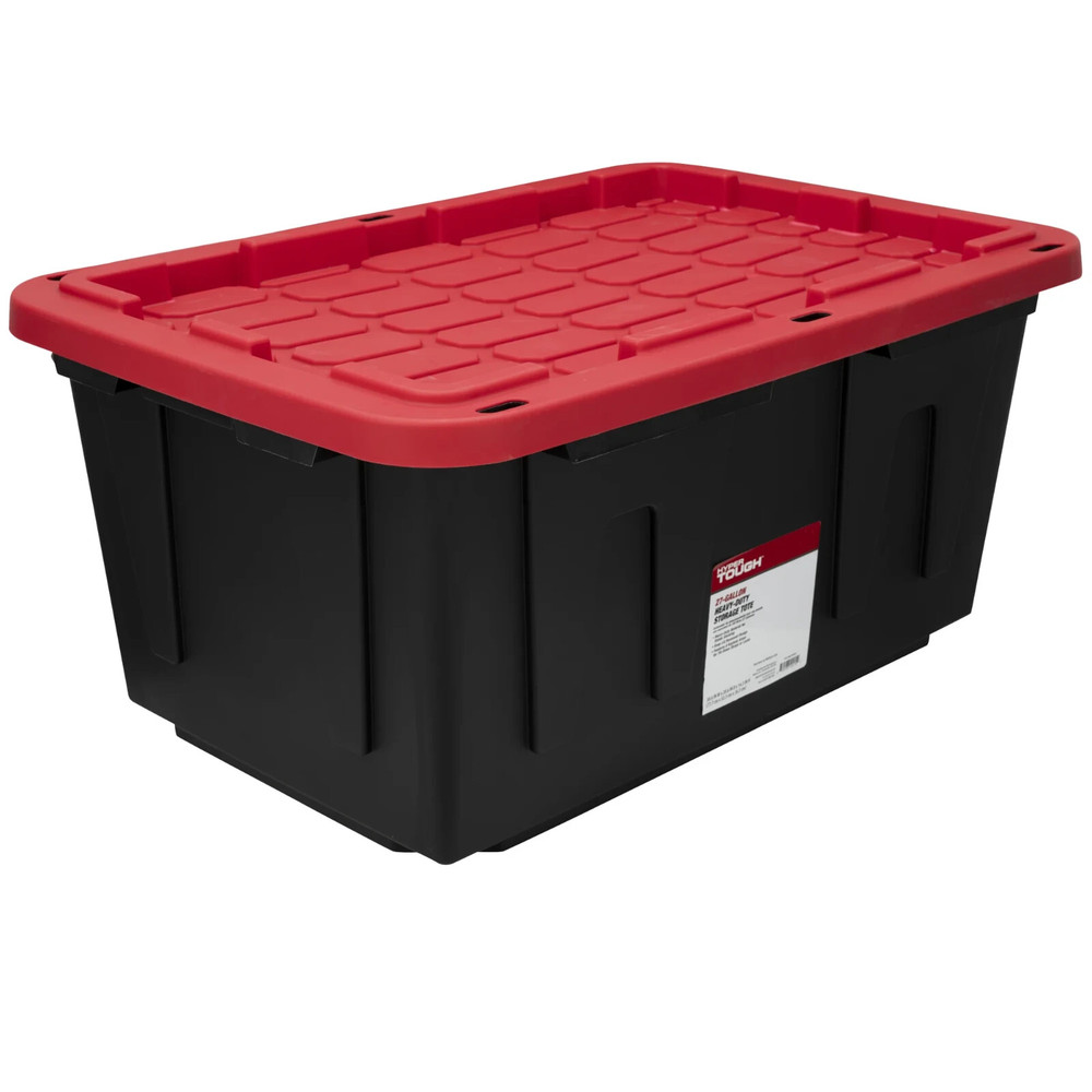 (2Pack) 27 Gallon Snap Lid Plastic Storage Bin Container, Black with Red Lid