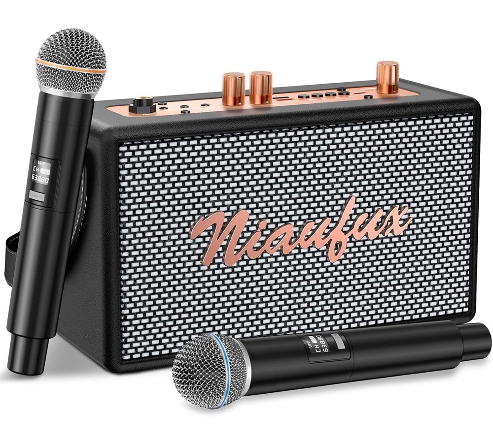 Retro Karaoke Machine with Two Wireless Microphones, Portable Bluetooth Speaker