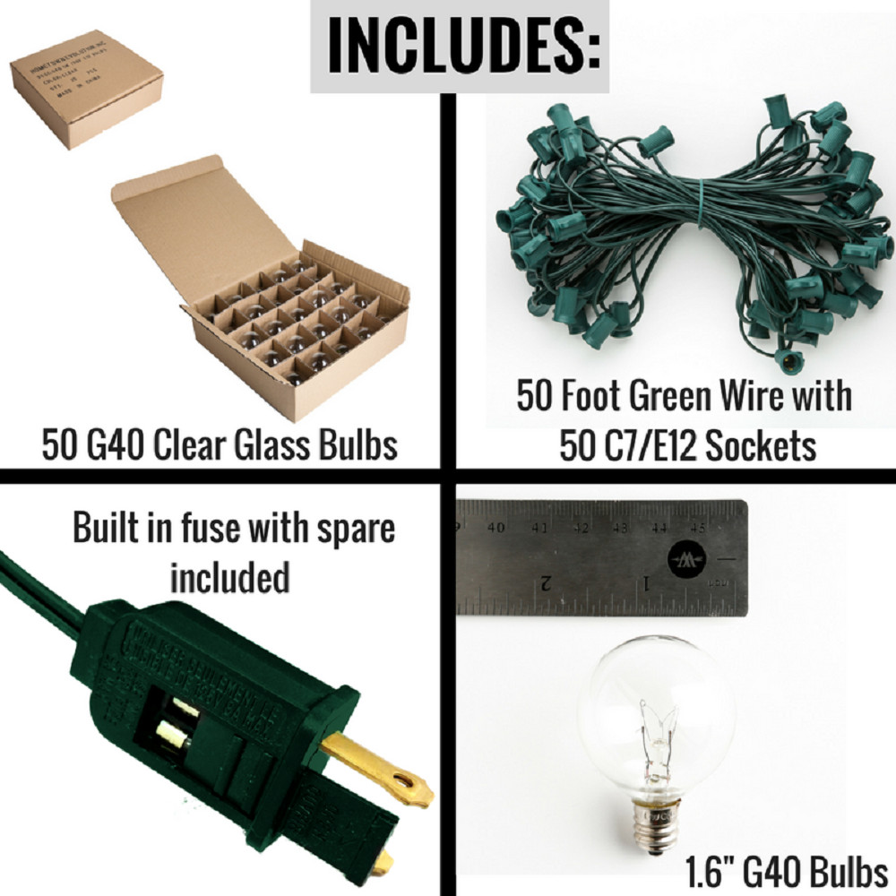 G40 Clear Globe Outside Backyard String Lights with Green Wire - 25’, 50’, 100’