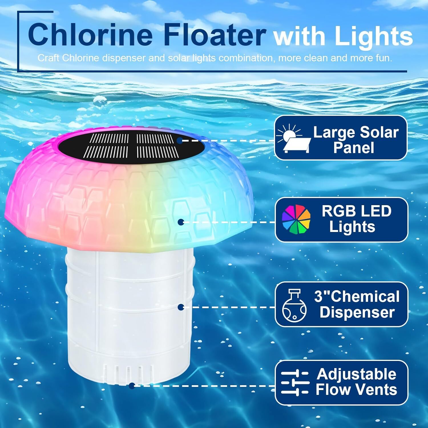 Solar Pool Chlorine Floater with Colorful Lights & Remote - 3" Tablet Dispenser
