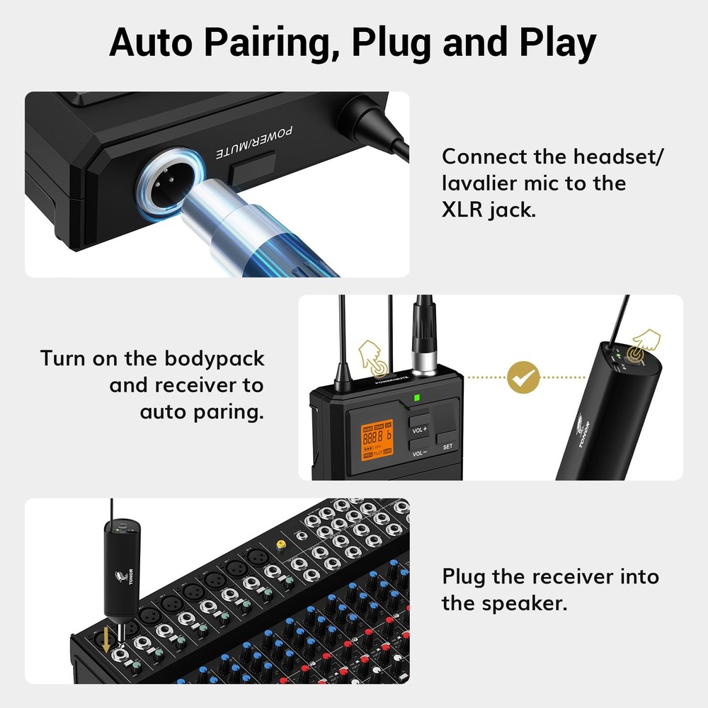 TONOR UHF Wireless Microphone System with Headset Lavalier Lapel Mic, Black