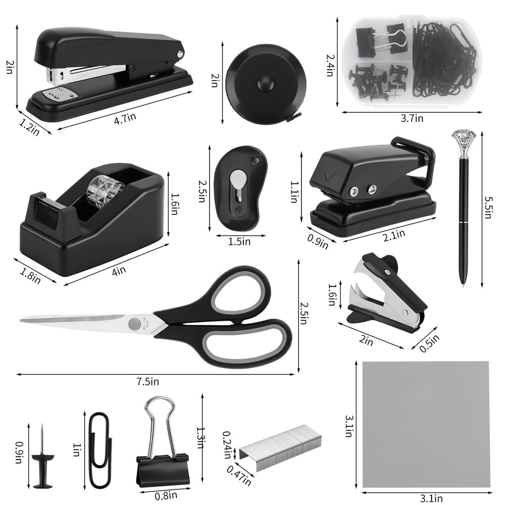 Black Desk Accessory Kit Cute Office Supplies Set Desktop Stapler Set Include...