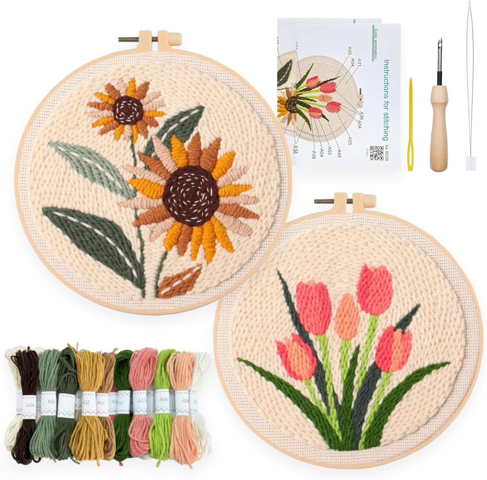 Punch Needle Embroidery Kit,2Pcs Embroidery Kit for Beginners,Include Punch Need