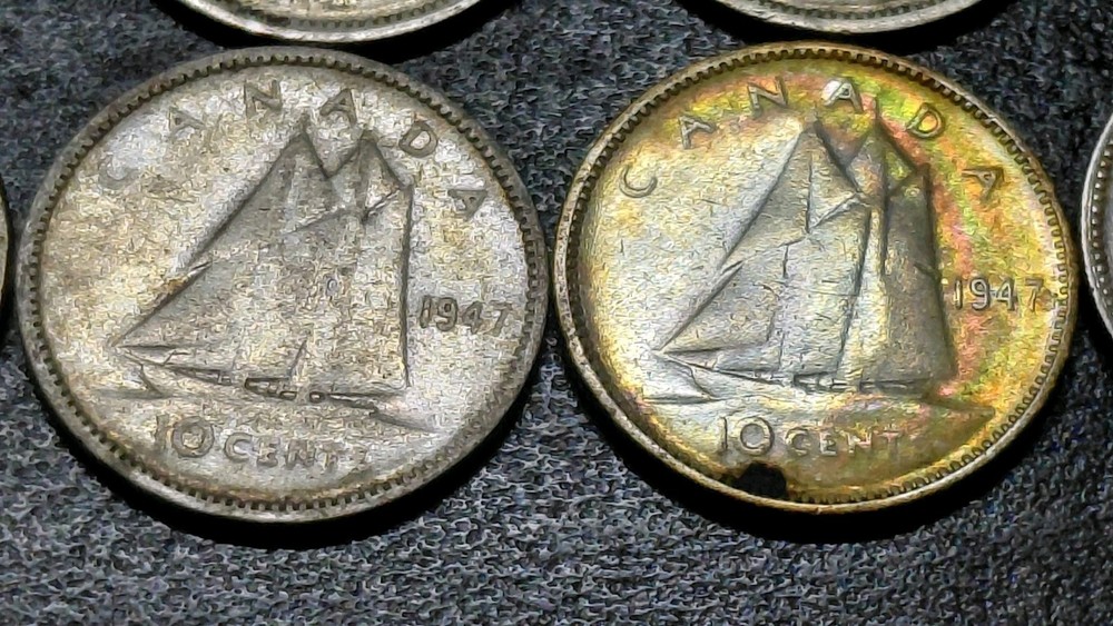 20 CANADA SILVER DIMES .RANGE FROM 1913 TO 1951 . 1947 WITH & WITHOUT MAPLE LEAF