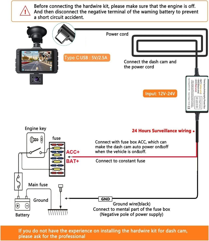 Comprehensive Hardwire Kit for Dash Cameras - Type C USB, 13ft with Fuse Adapter