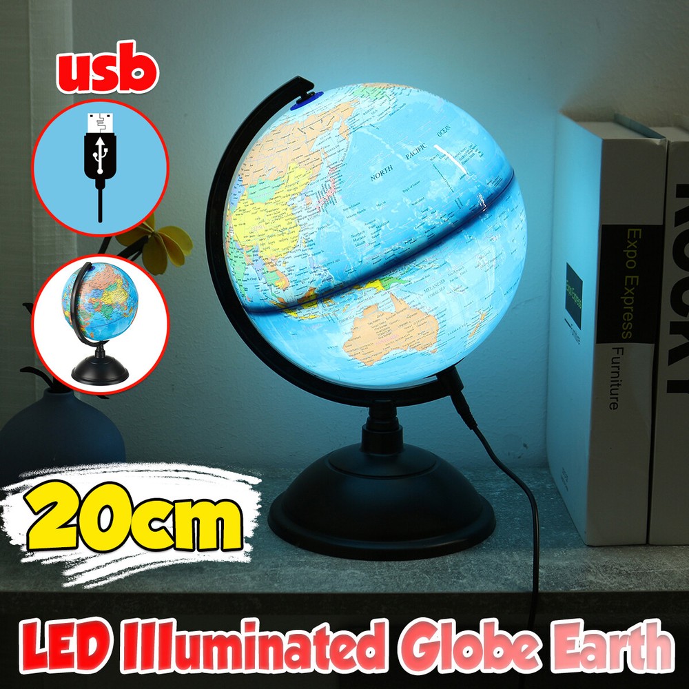 20CM LED World Globe Earth Map Rotating Geography Ocean Classroom Learn Desktop