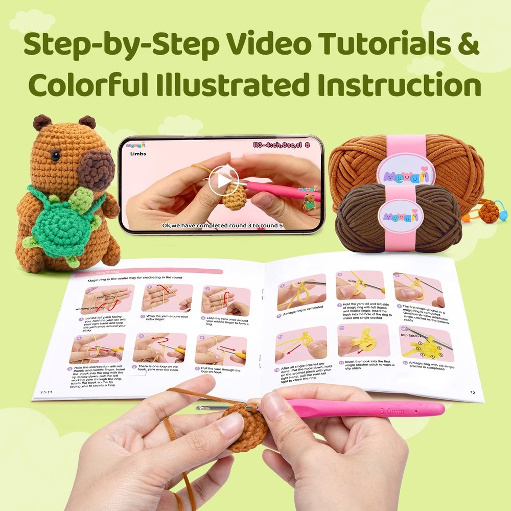 Crochet Kit for Beginners Level 1 with 40% Extra Eco-Friendly Pre-Started Eas...