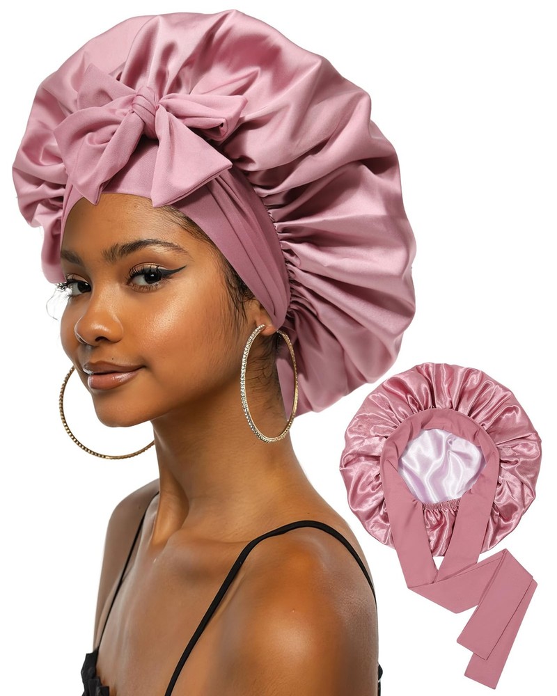 Extra Large Satin Bonnet for Sleeping Jumbo Silk Large, Bean Paste + Pink