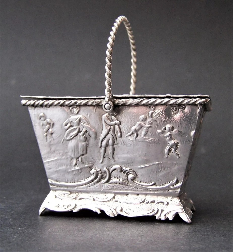 PRE-1888 SOLID SILVER HANAU MINIATURE SWING HANDLE BASKET .930 GRADE SILVER