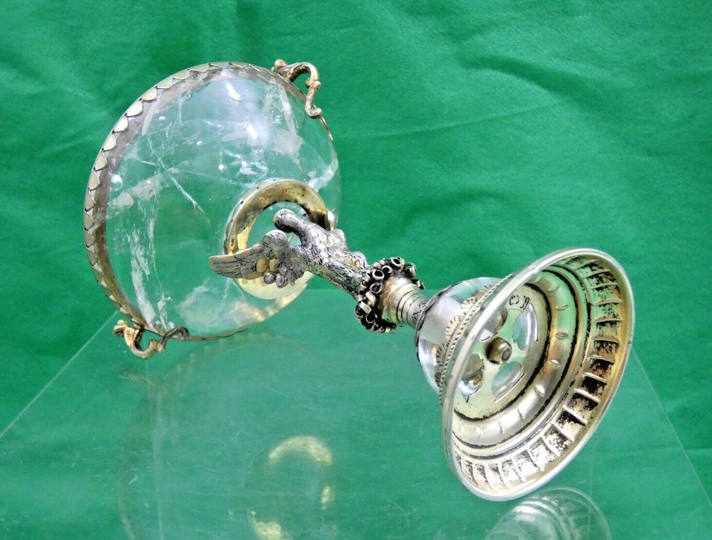 GORGEOUS SILVER - GILT / ROCK CRYSTAL TAZZA ANTIQUE GERMAN FIGURAL EAGLE LIZARD