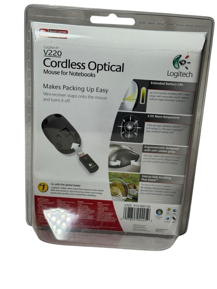 Logitech Cordless Optical Mouse V220 for Notebooks Black PC Mac New Sealed