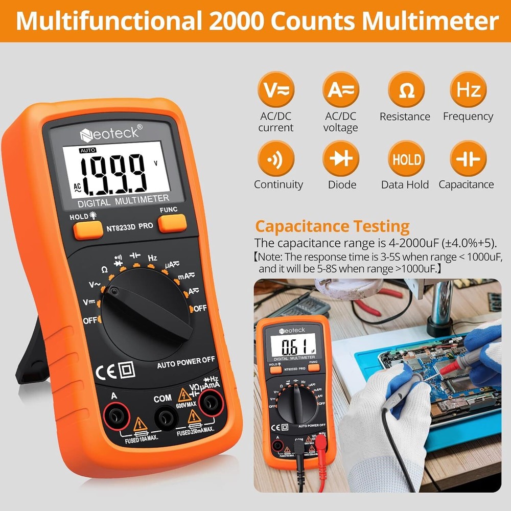 Neoteck 8233D Pro Pocket Digital Multimeter Orange 2000 Counts Backlit Display