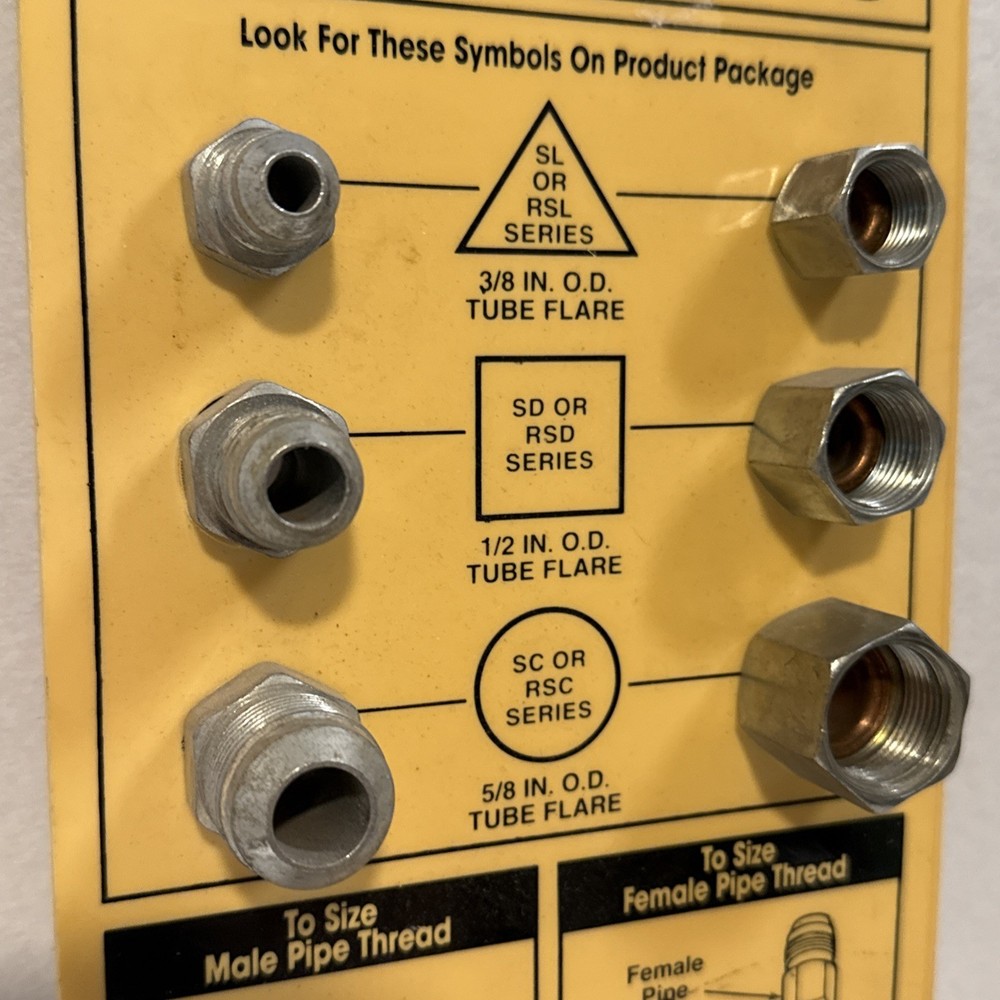 Brass Craft Gas Connector Sizing Guide Tool Board display Size Thread samples